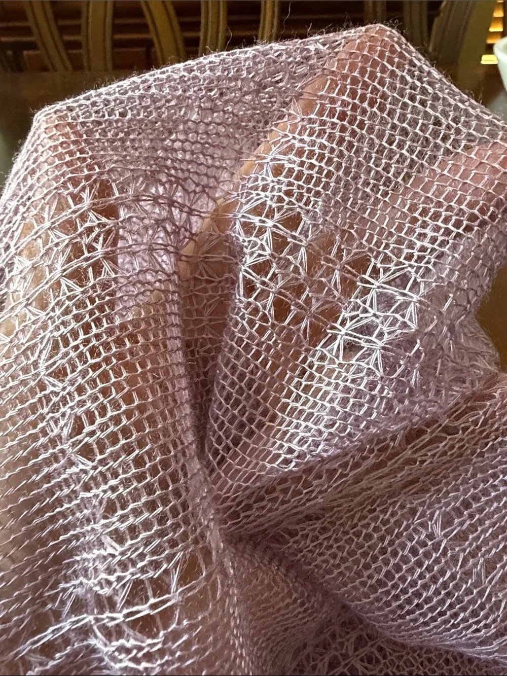Vintage ca 1970’s Light Lavender mesh Knit Shawl Scarf 48x46” made in Japan